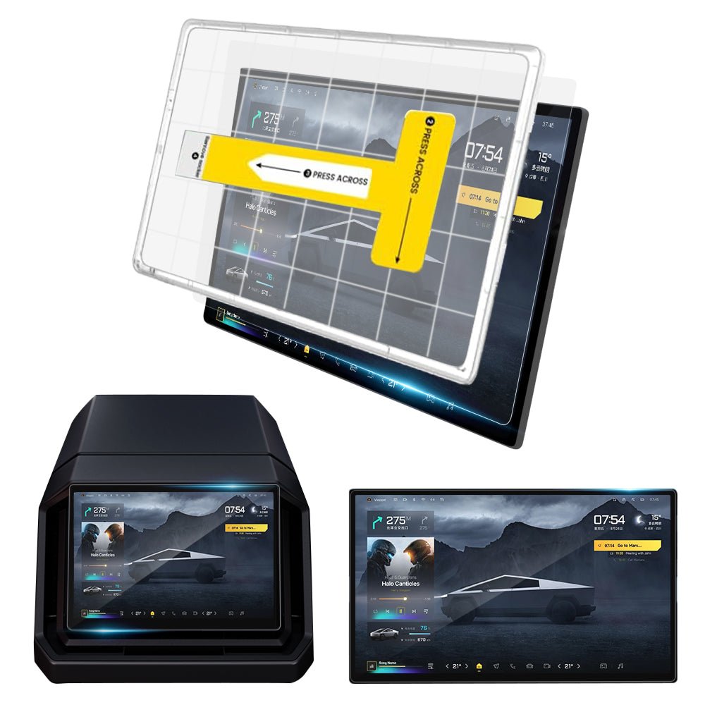 Tempered screen protector for Tesla Cybertruck, clear and durable, designed to protect the vehicle's dashboard display.