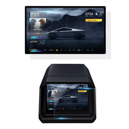 Tempered screen protector for Tesla Cybertruck, clear and durable, designed to shield the vehicle’s dashboard display from scratches.