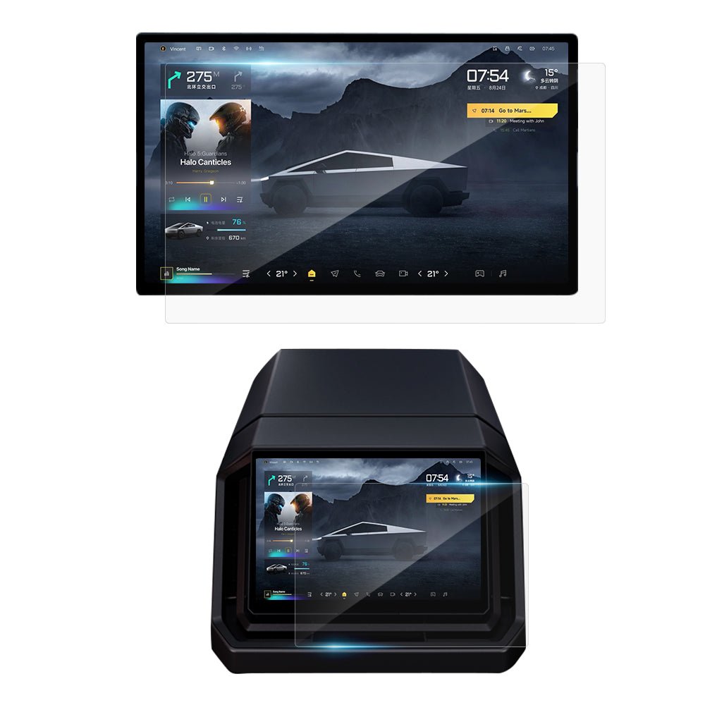 Tempered screen protector for Tesla Cybertruck, clear protective film with precise cutouts, designed to shield the vehicle's display.
