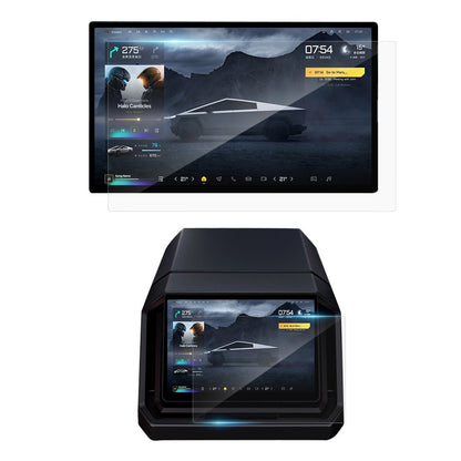 Tempered screen protector for Tesla Cybertruck, clear protective film with precise cutouts, designed to shield the vehicle's display.