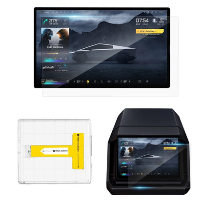 Tempered screen protector for Tesla Cybertruck, clear protective layer fitting the vehicle's dashboard display.