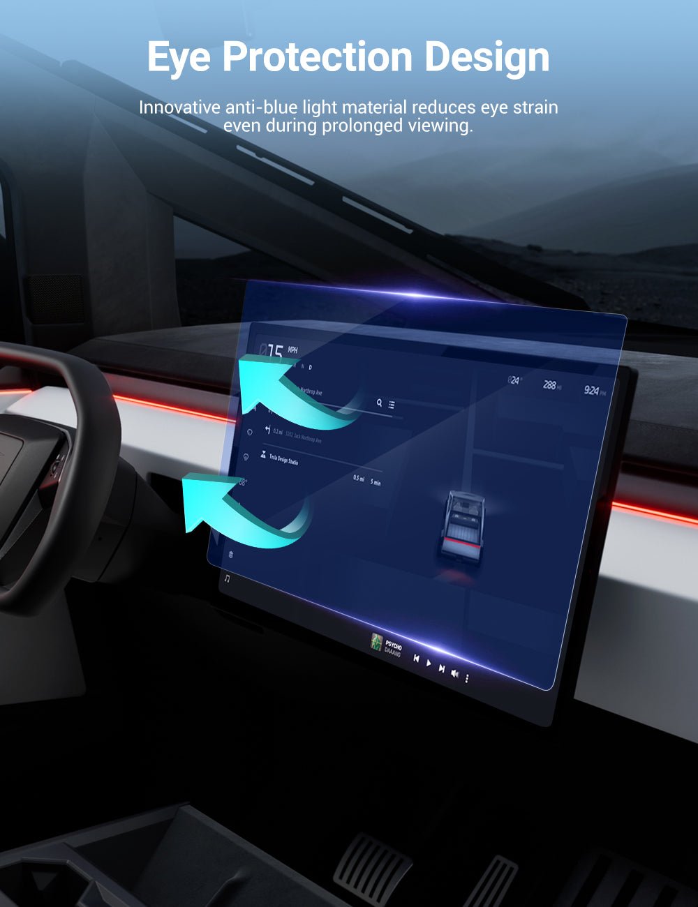 Tempered screen protector for Tesla Cybertruck, clear protective film fitting the vehicle's display screen.