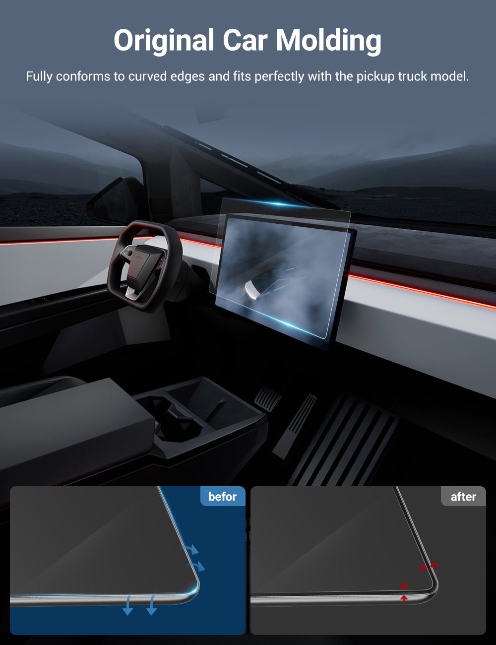 Tempered screen protector for Tesla Cybertruck, clear protective film covering the vehicle's display screen.