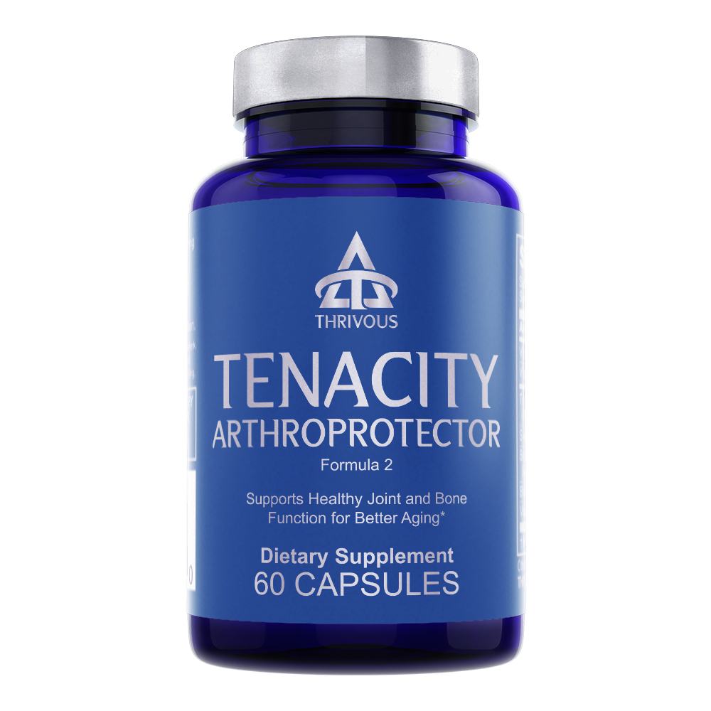 Bottle of Thrivous Tenacity Arthroprotector dietary supplement with label showing product details and branding.