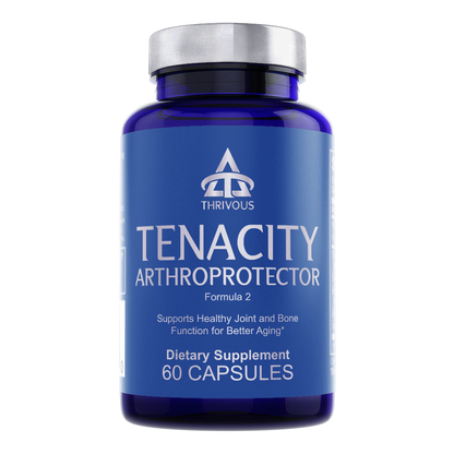 Bottle of Thrivous Tenacity Arthroprotector dietary supplement with label showing product details and branding.