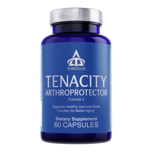 Bottle of Thrivous Tenacity Arthroprotector dietary supplement with label showing product details and branding.