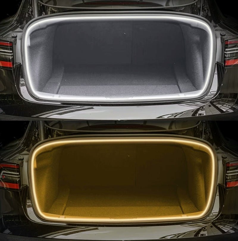 TESERY Trunk Ambient Lighting for Tesla Model 3 Highland and Model Y, showcasing sleek interior LED lighting installed in the trunk area.