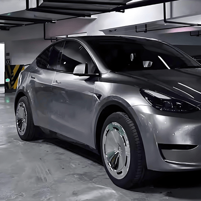 Set of four TESERY 18-19 inch wheel covers for Tesla Model 3 and Y, designed to enhance wheel appearance and protect rims.