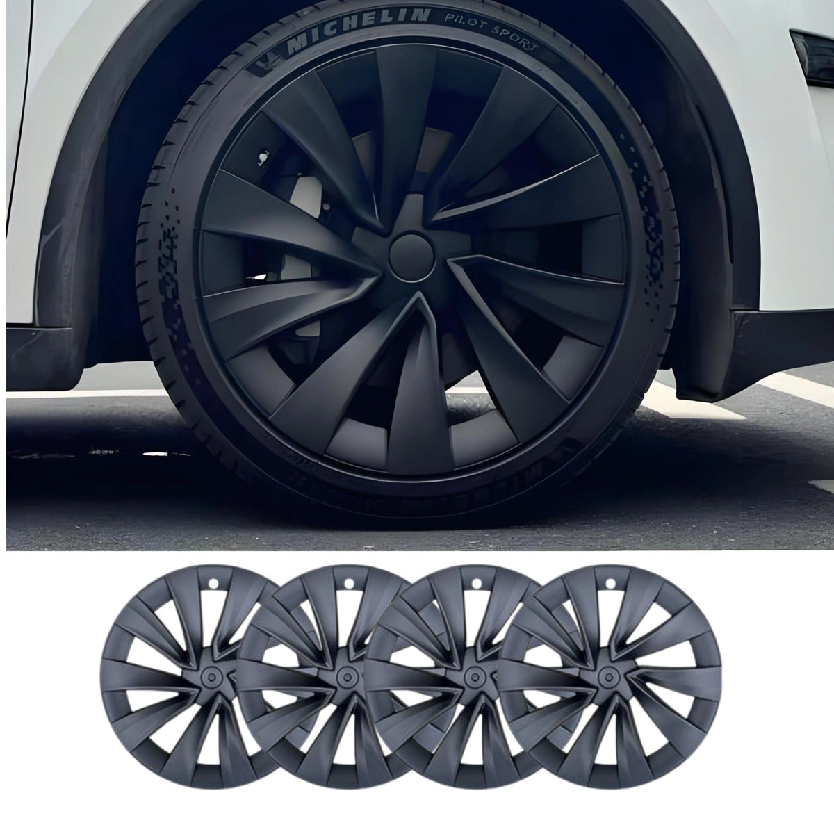 Tesla Model Y Juniper 20-inch Helix Wheel Covers by TESERY featuring a sleek, modern design for enhanced vehicle appearance.