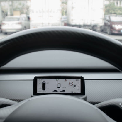 Tesla Model 3/Y TESERY 4.6-inch mini dashboard display screen showing navigation and controls in a clean car interior.