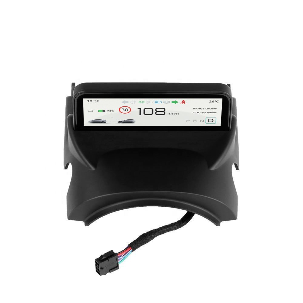 TESERY 4.6-inch mini dashboard display screen for Tesla Model 3 and Y showing digital interface and controls.