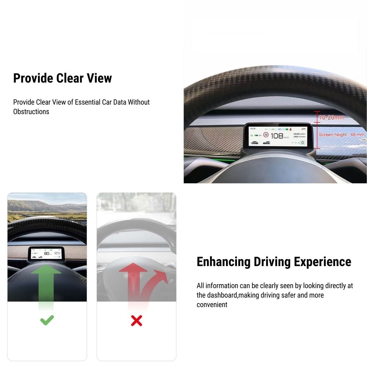 Tesla Model 3 and Y dashboard mini display screen by TESERY, showing a compact 4.6-inch digital display in a sleek design.