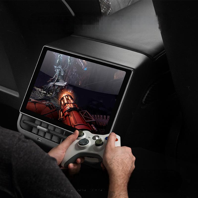 TESERY 8.66-inch Android rear entertainment display screen for Tesla Model Y and Model 3, dashboard-mounted entertainment device.