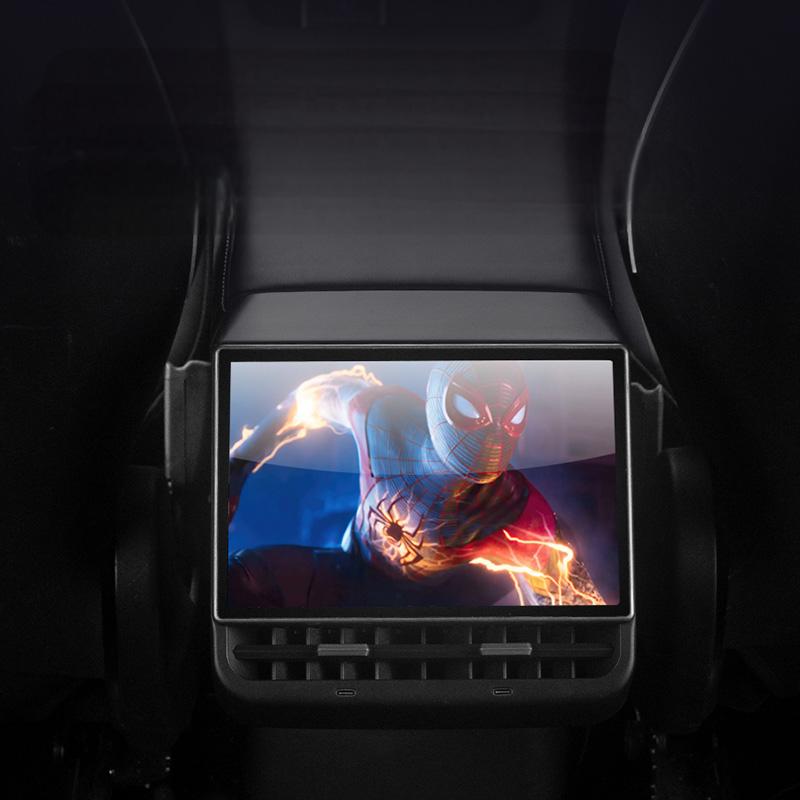 TESERY 8.66-inch Android rear entertainment display screen for Tesla Model Y and 3, mounted on dashboard for rear passengers.