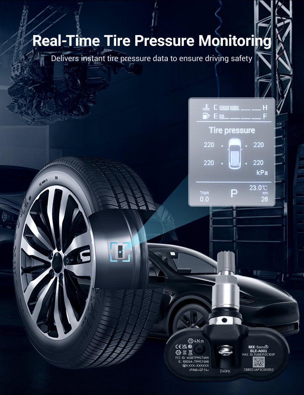 Tesla Model 3/Y/S/X TESERY BLE Bluetooth Tire Pressure Monitoring Sensor (TPMS) for accurate tire pressure monitoring.