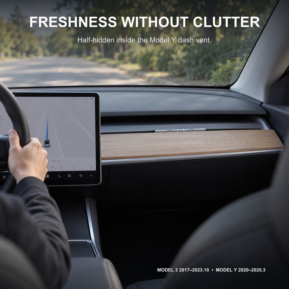 Tesery Car Fragrance Stick for Tesla Model 3 and Y, a sleek aromatherapy accessory visible in the car interior.