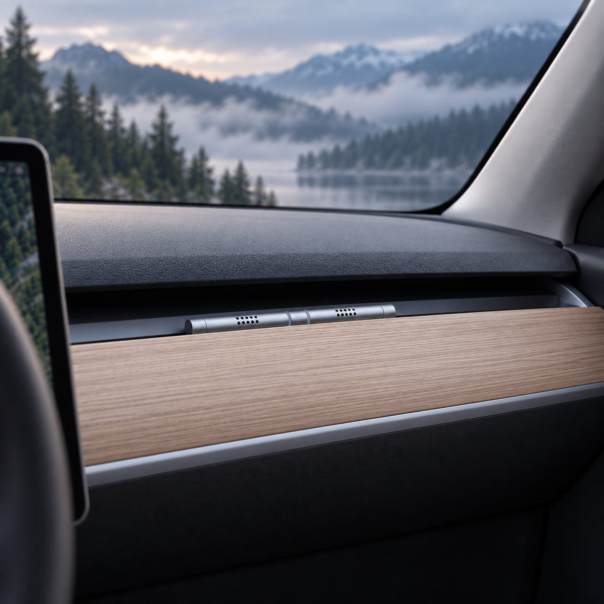 Tesla Model 3/Y car fragrance stick by Tesery for aromatherapy, shown inserted into a vehicle air vent.