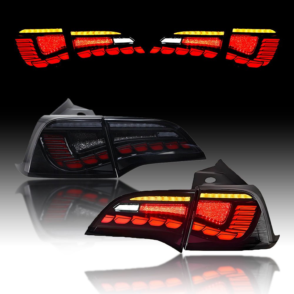 TESERY Dragon Scale Tail Lights for Tesla Model 3 and Y, showcasing sleek, textured LED tail light design on a vehicle.