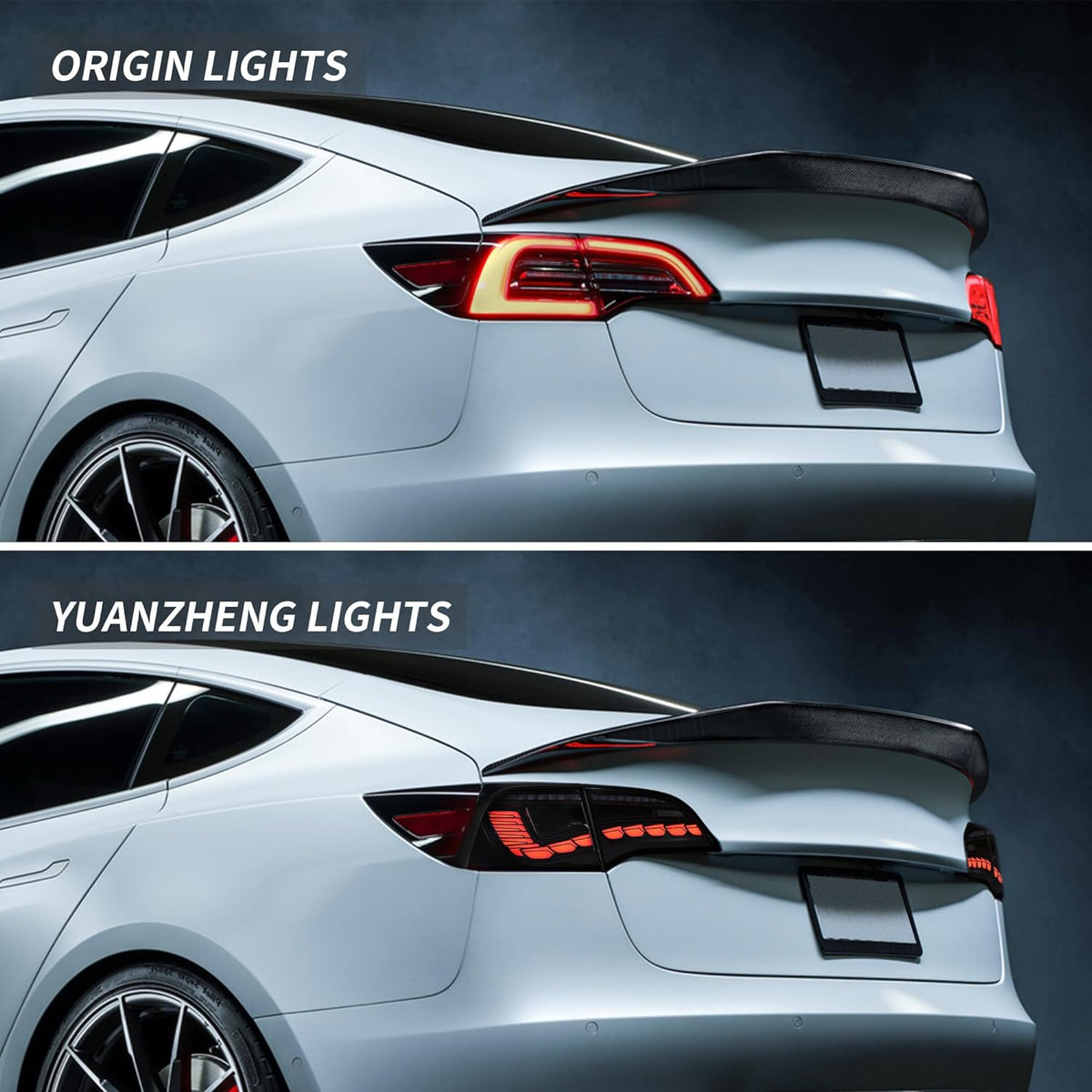 Tesla Model 3/Y Dragon Scale Tail Lights by Tesery, showcasing sleek, stylish LED tail light design on a white vehicle.