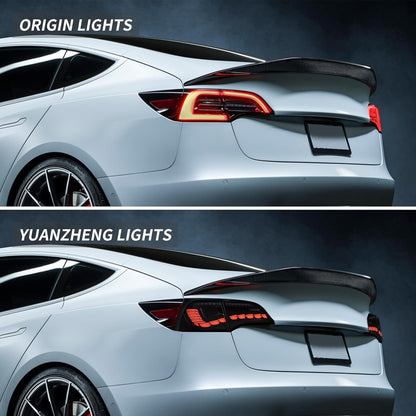 Tesla Model 3/Y Dragon Scale Tail Lights by Tesery, showcasing sleek, stylish LED tail light design on a white vehicle.