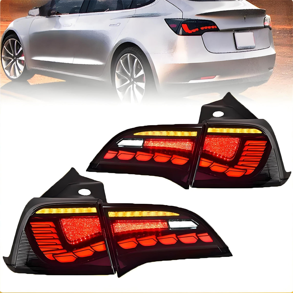 Tesla Model 3/Y Dragon Scale Tail Lights by Tesery Official Store showing sleek, dragon scale design for enhanced visibility and style.