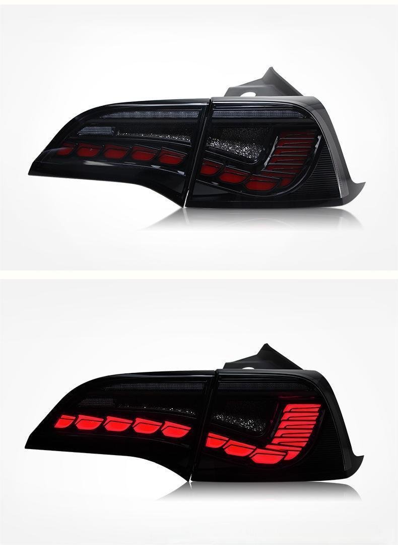 TESERY Dragon Scale Tail Lights for Tesla Model 3 and Y, showcasing sleek, dragon scale design on the vehicle's rear lights.