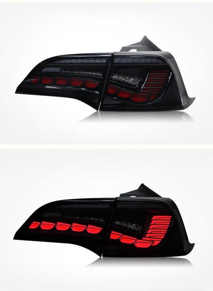 TESERY Dragon Scale Tail Lights for Tesla Model 3 and Y, showcasing sleek, dragon scale design on the vehicle's rear lights.