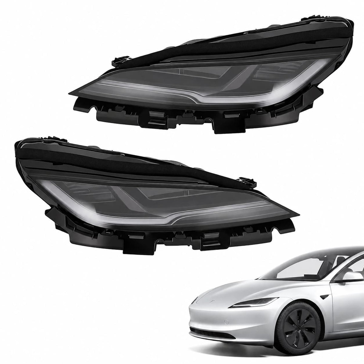 Tesla Model 3 Highland headlight assembly by Tesery, showing the LED light components and clear lens for vehicle illumination.