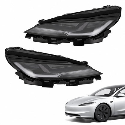 Tesla Model 3 Highland headlight assembly by Tesery, showing the LED light components and clear lens for vehicle illumination.