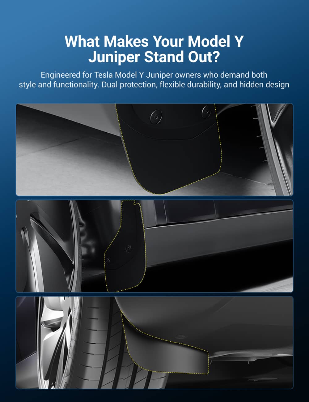 Tesla Model Y Juniper mud flaps by TESERY, invisible protective mud guards for Model Y vehicles, durable and easy to install.
