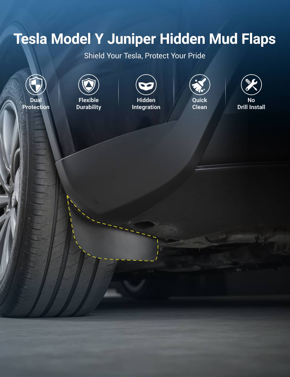 Tesla Model Y Juniper mud flaps by TESERY, invisible mud guard protection for rear wheels, durable and easy to install.