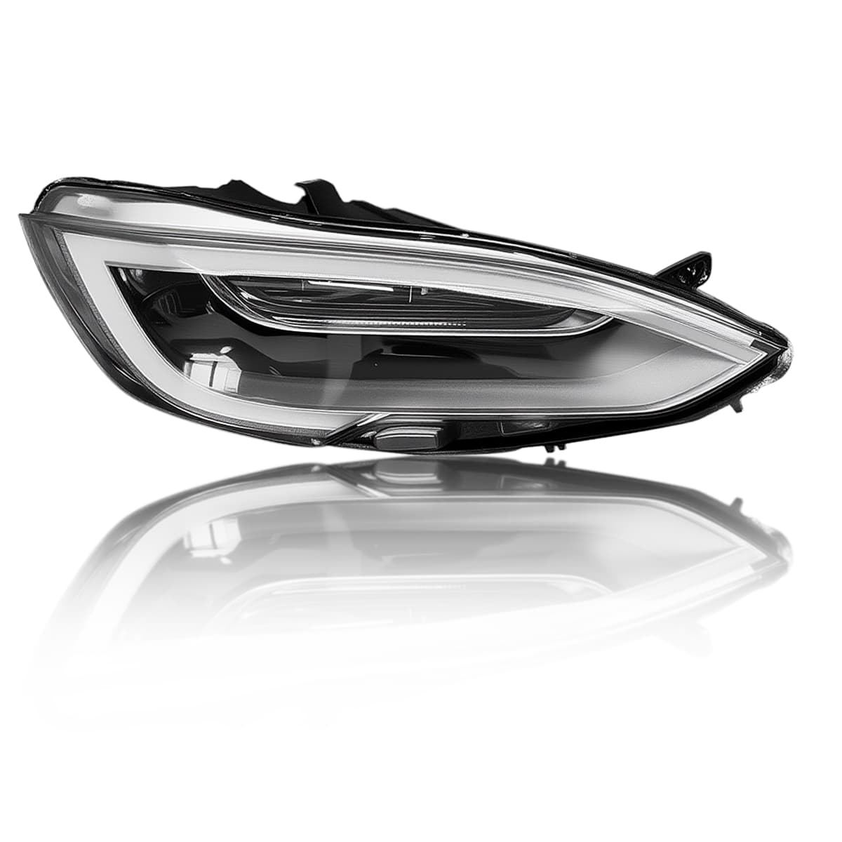 Tesla Model S LED headlight assembly by Tesery, showing the sleek, modern design of the car's front headlight system.