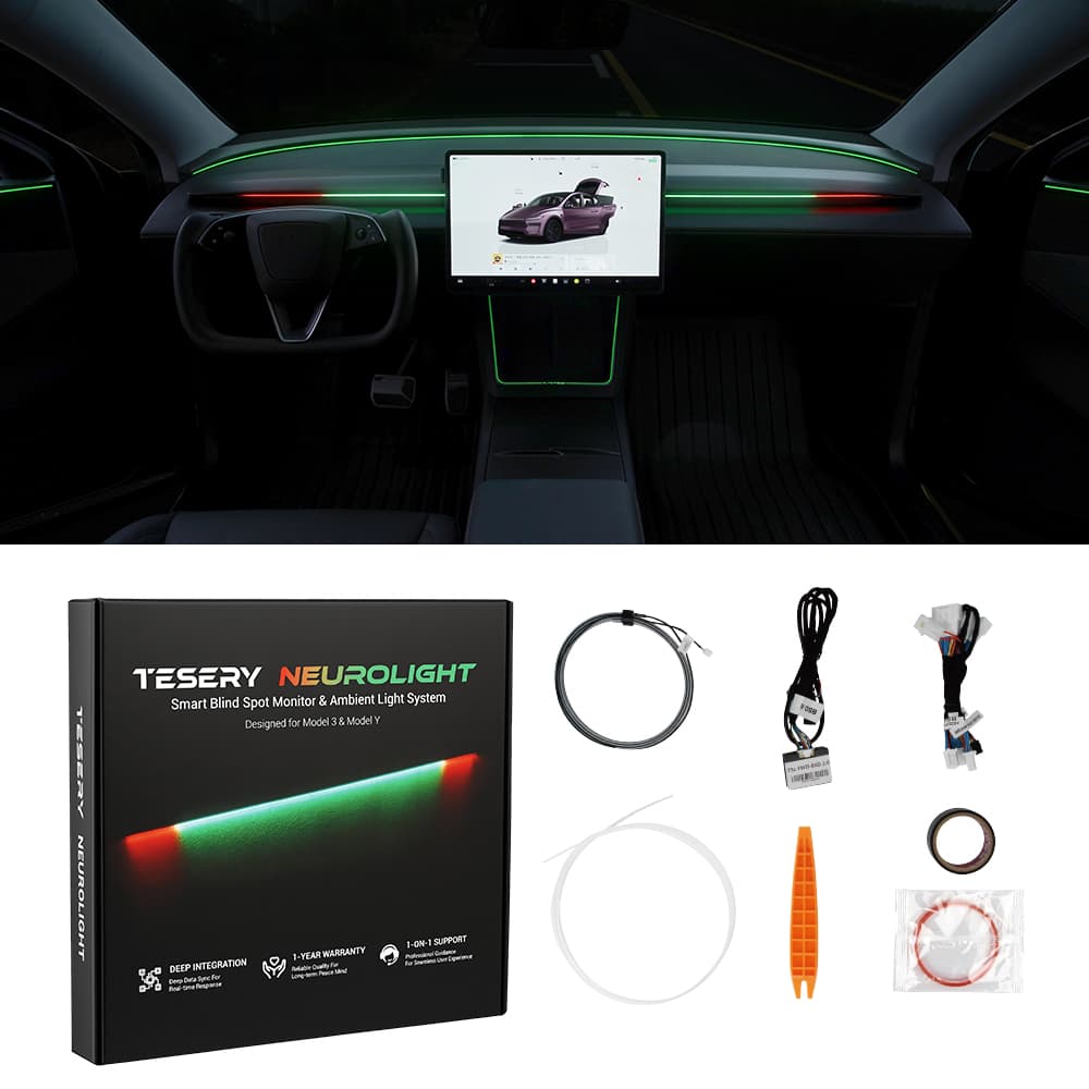 Tesla Model 3/Y dashboard RGB ambient lighting by TESERY with integrated BSD system, showcasing colorful interior illumination.