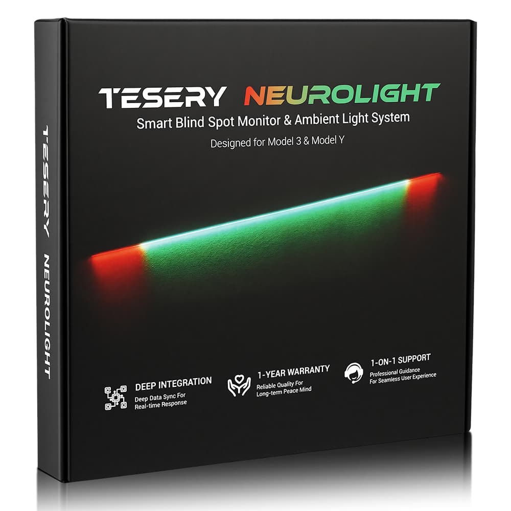 TESERY NeuroLight RGB ambient dashboard lights for Tesla Model 3/Y with integrated BSD system, illuminating the interior.