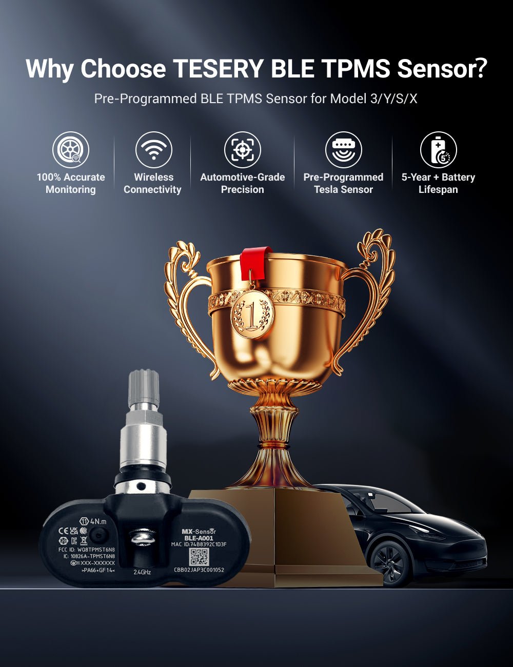 Tesla Model 3/Y/S/X OEM BLE Bluetooth TPMS tire pressure monitoring sensor by Tesery, showing sensor with wiring and branding.