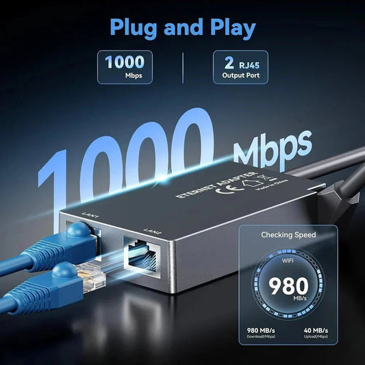 Starlink Gen 2 Dual-Port Ethernet Adapter by Tesery Official Store showing the 2-in-1 RJ45 splitter with ports.