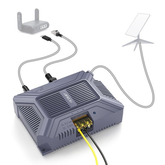 Starlink Gen 2 POE Injector by Tesery, 5-in-1 DC power converter with ports for efficient satellite internet setup.