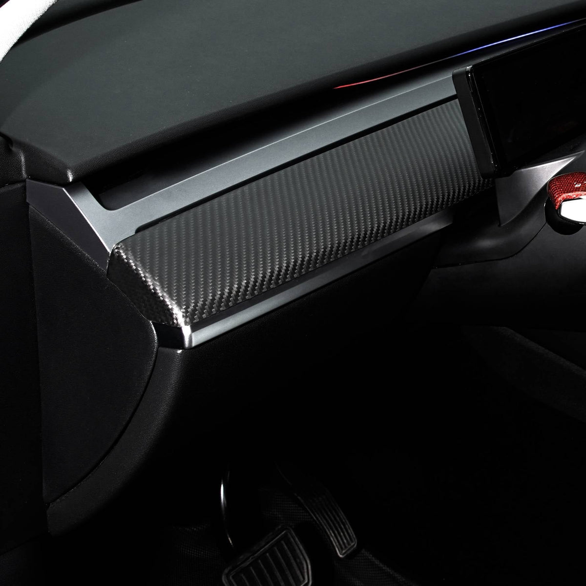 Tesla Model 3/Y dashboard cover in dry carbon fiber, designed for Tesla interior mods and enhanced interior style.