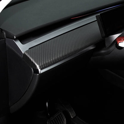 Tesla Model 3/Y dashboard cover in dry carbon fiber, designed for Tesla interior mods and enhanced interior style.