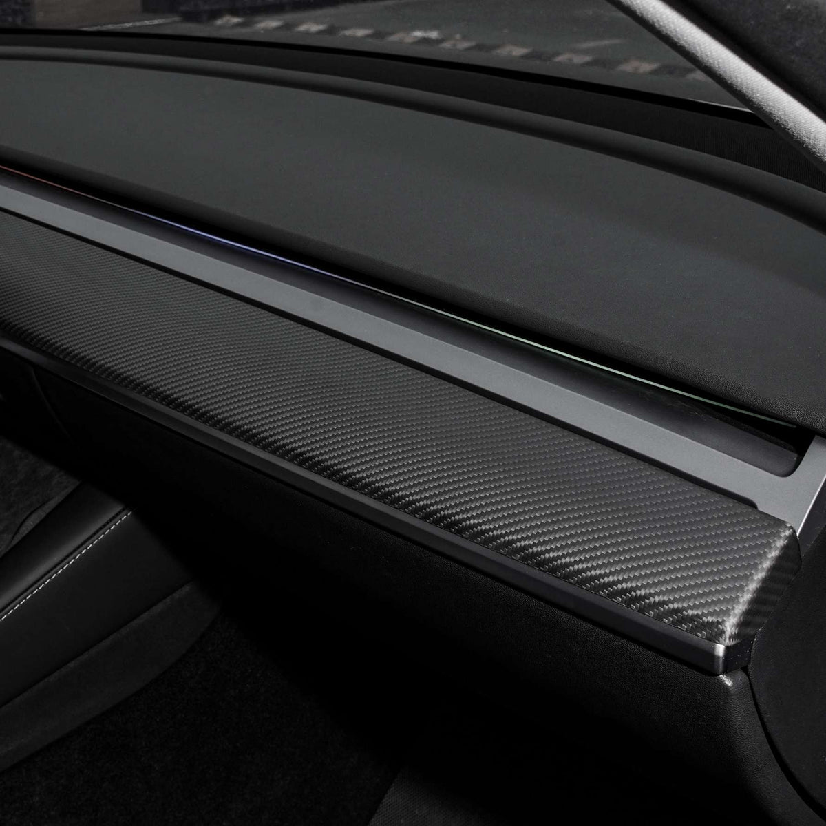 Tesla Model 3/Y dashboard cover in dry carbon fiber, designed for Tesla interior modifications, enhances the vehicle's interior look.