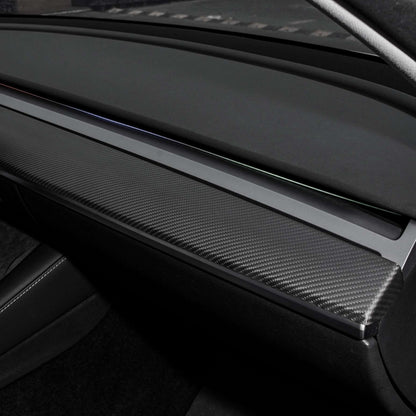 Tesla Model 3/Y dashboard cover in dry carbon fiber, designed for Tesla interior modifications, enhances the vehicle's interior look.