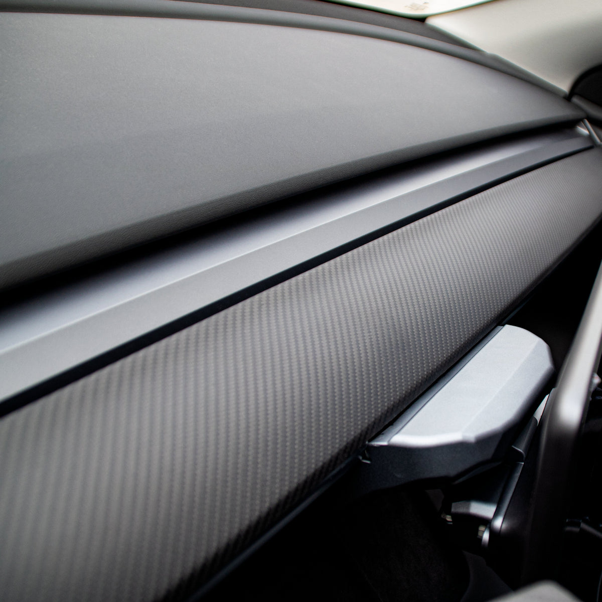 Tesla Model 3 and Y dashboard cover in dry carbon fiber, designed for a sleek, custom interior look with Tesla TESERY branding.