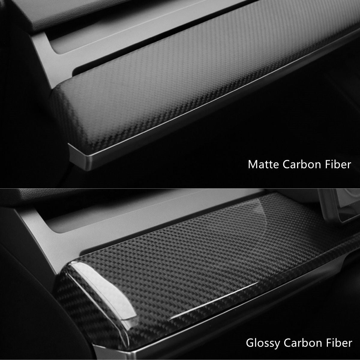 Tesla Model 3/Y dashboard cover in dry carbon fiber, designed by Tesery Official for sleek interior enhancement