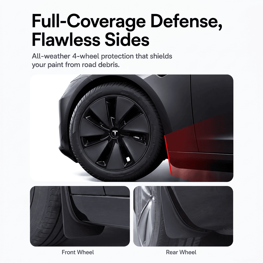 Tesla Model 3 Highland mud flaps made from TPE+PP, designed to protect wheels and enhance vehicle durability.