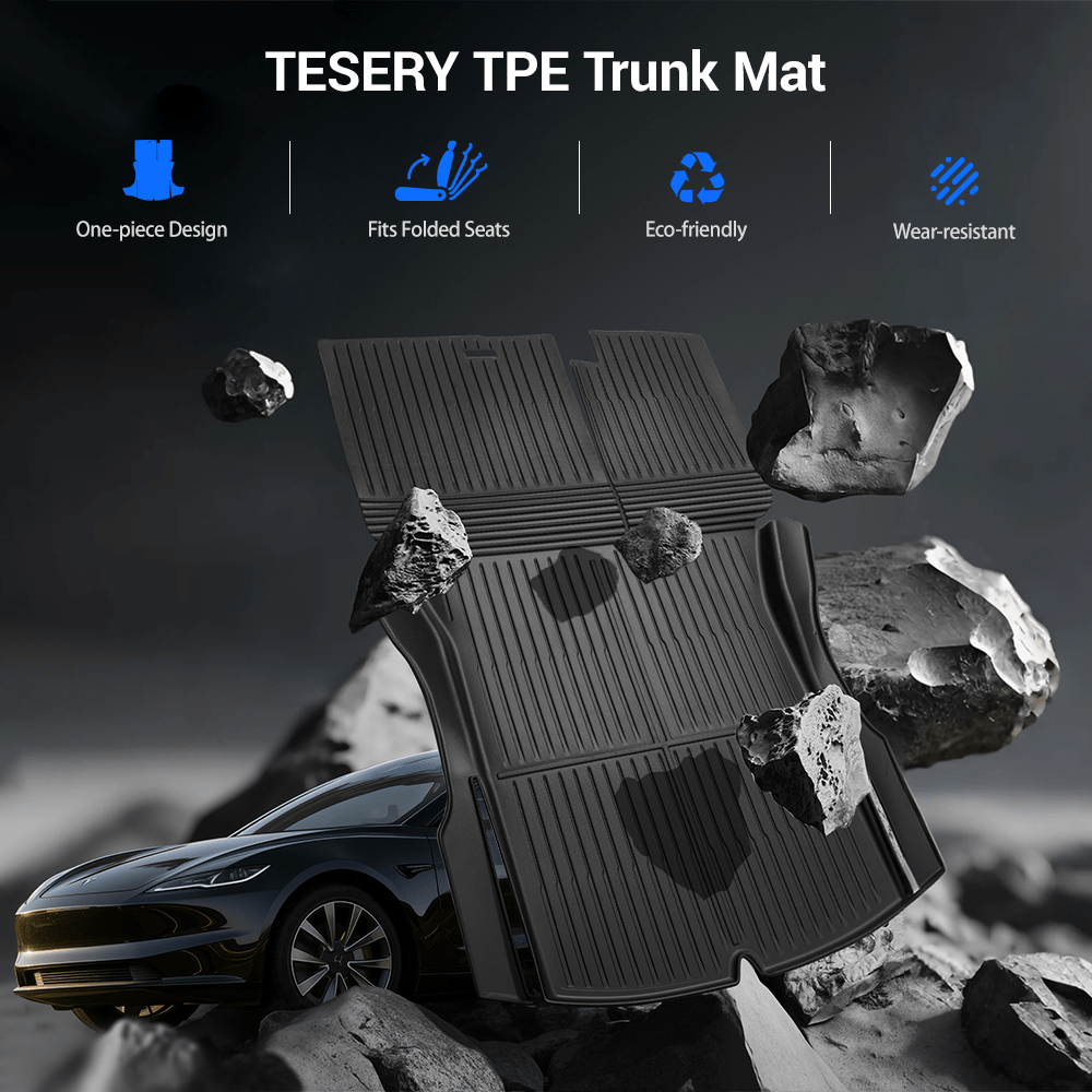 Tesla Model 3 Highland trunk mat with backrest mat by Tesery Official Store, showing durable, custom-fit interior protection.