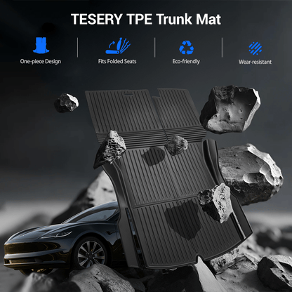 Tesla Model 3 Highland trunk mat with backrest mat by Tesery Official Store, showing durable, custom-fit interior protection.