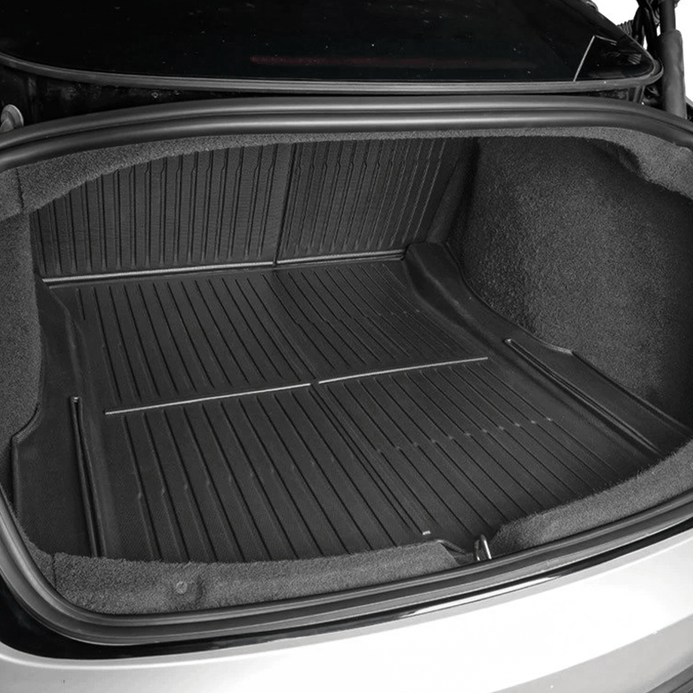 Tesla Model 3 Highland trunk mat with backrest mat from TESERY, durable all-weather trunk liner and back support cushion.