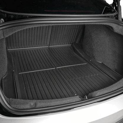 Tesla Model 3 Highland trunk mat with backrest mat from TESERY, durable all-weather trunk liner and back support cushion.