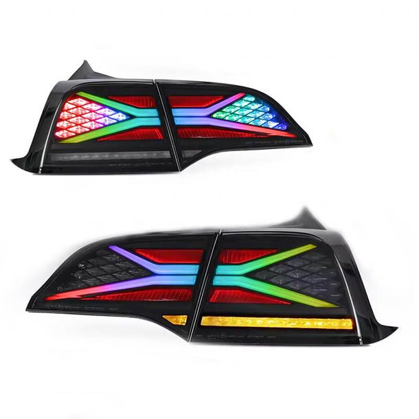 Tesla Model 3/Y TESERY X-treme tail light showing red LED illumination and sleek design on a white background