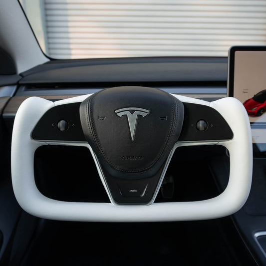 White leather TESERY Yoke Plaid steering wheel for Tesla Model 3 and Y, featuring a stylish plaid design and ergonomic grip.
